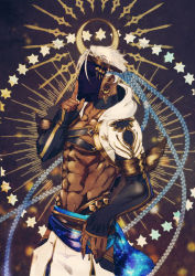 Rule 34 | 1boy, abs, cygnus 186, dark skin, dark-skinned male, earrings, hand up, index finger raised, jewelry, male focus, mask, pixiv fantasia, pixiv fantasia age of starlight, simple background, solo, standing, white hair