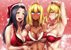 Rule 34 | 3girls, :d, arm between breasts, arm up, armpits, bare arms, bare shoulders, between breasts, bikini, black hair, blonde hair, blue eyes, blush, breast press, breasts, christmas, cleavage, closed mouth, collarbone, dark-skinned female, dark skin, earrings, embarrassed, female focus, fur-trimmed bikini, fur-trimmed headwear, fur-trimmed swimsuit, fur trim, grin, hair between eyes, hand on own chest, hand up, happy, hat, highres, huge breasts, jewelry, large breasts, lips, lipstick, long hair, looking at viewer, looking to the side, makeup, midriff, mole, mole under mouth, multiple girls, nail polish, neck, open mouth, original, parted bangs, parted lips, pink background, pink lips, red bikini, red headwear, red lips, round teeth, santa costume, santa hat, shiny skin, short hair, shy, sidelocks, smile, snowflakes, snowflakes background, strapless, strapless bikini, swimsuit, symmetrical docking, tama (tamakaka1031), teeth, tongue, underboob, upper body, upper teeth only, yellow eyes