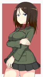 Rule 34 | 1girl, black hair, black skirt, blue eyes, closed mouth, commentary, cowboy shot, frown, girls und panzer, green jacket, hand on own arm, highres, jacket, long hair, long sleeves, looking at viewer, miniskirt, nonna (girls und panzer), pleated skirt, pravda school uniform, red background, red shirt, school uniform, shirt, skirt, solo, standing, swept bangs, tanuki noyama, turtleneck