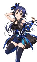 Rule 34 | 1girl, armpits, artist request, bare shoulders, blue hair, blush, boots, bow, bracelet, breasts, brown eyes, collarbone, detached sleeves, garter straps, hair bow, jewelry, looking at viewer, love live!, love live! school idol festival, love live! school idol festival after school activity, love live! school idol project, official art, punk, shorts, single detached sleeve, small breasts, smile, solo, sonoda umi, striped, thigh boots, thighhighs, transparent background