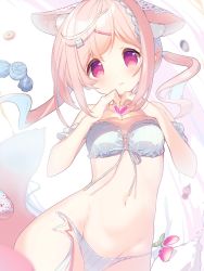 Rule 34 | 1girl, ahoge, amamiya aki, animal ear fluff, animal ears, bare shoulders, blue bow, blue hair, bow, braid, braided bangs, breasts, candy, commentary, cream, doughnut, food, fox ears, fox girl, fox tail, fruit, hair ornament, hairclip, hairpin, heart, heart hands, highres, lingerie, long hair, low twintails, mofu-mofu after school, mofumofu channel, multicolored hair, navel, p19, panties, parted lips, pink eyes, pink hair, side-tie panties, simple background, small breasts, smile, solo, strawberry, striped bow, striped clothes, striped panties, symbol-only commentary, tail, tareme, twintails, two-tone hair, underwear, untied panties