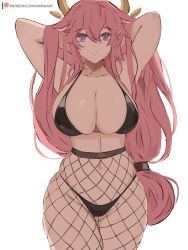 Rule 34 | 1girl, armpits, arms up, bikini, black bikini, black pantyhose, breasts, cleavage, closed mouth, commentary, cowboy shot, english commentary, fishnet pantyhose, fishnets, genshin impact, hands in hair, large breasts, long hair, looking at viewer, low-tied long hair, mirai hikari, navel, panties, pantyhose, patreon username, pink hair, purple eyes, simple background, smile, solo, swimsuit, thighs, underwear, very long hair, white background, yae miko