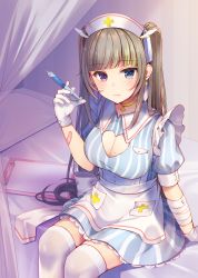 Rule 34 | 1girl, apron, bandaged arm, bandages, bandaid, bandaid on arm, bed, blue dress, blue eyes, blunt bangs, blush, breasts, brown hair, cleavage, cleavage cutout, clipboard, clothing cutout, commentary request, cross, cross earrings, curtains, dress, earrings, gloves, hat, heart cutout, heterochromia, highres, holding, holding syringe, jewelry, large breasts, long hair, momoirone, nurse, nurse cap, on bed, original, pillow, puffy short sleeves, puffy sleeves, purple eyes, short sleeves, sitting, solo, striped clothes, striped dress, syringe, thighhighs, transparent, twintails, vertical-striped clothes, vertical-striped dress, very long hair, waist apron, white apron, white gloves, white hat, white thighhighs, wing hair ornament