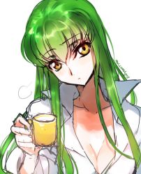 Rule 34 | 1girl, blouse, breasts, c.c., cleavage, code geass, creayus, cup, green hair, long hair, looking at viewer, shirt, simple background, solo, twitter username, white background, white shirt, yellow eyes