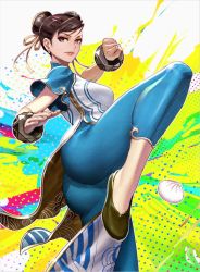 Rule 34 | 1girl, ass, blue pants, bow, bowtie, bracelet, breasts, brown hair, capcom, china dress, chinese clothes, chun-li, clenched hand, closed mouth, commentary, double bun, dress, dumpling, earrings, fighting stance, fingernails, food, gold trim, hair bow, hair bun, highres, jewelry, leg up, lips, looking at viewer, medium breasts, okojo, pants, purple eyes, sandals, short sleeves, simple background, skin tight, smile, solo, standing, standing on one leg, street fighter, street fighter 6