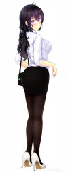 Rule 34 | 1girl, absurdres, ahoge, ass, bad id, bad pixiv id, beifeng han, black hair, black pantyhose, blouse, blush, breasts, from behind, full body, glowing, hair between eyes, high heels, highres, large breasts, long hair, looking at viewer, looking back, low ponytail, miyaura sanshio, office lady, open mouth, original, pantyhose, pencil skirt, purple eyes, shirt, shoes, simple background, skirt, skirt set, solo, standing, stiletto heels, wavy hair, white background, white shirt