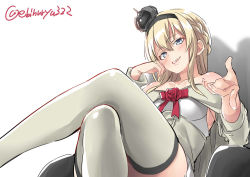 Rule 34 | 1girl, black hairband, blonde hair, blue eyes, braid, commentary request, crossed legs, crown, dress, ebifurya, feet out of frame, flower, french braid, hairband, index finger raised, jewelry, kantai collection, leaning back, long hair, long sleeves, looking at viewer, mini crown, necklace, off-shoulder dress, off shoulder, red flower, red rose, rose, simple background, sitting, solo, thighhighs, twitter username, warspite (kancolle), white background, white dress, white thighhighs