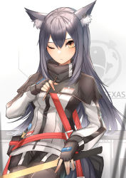 Rule 34 | 1girl, animal ear fluff, animal ears, arknights, belt, black capelet, black gloves, black hair, black pantyhose, black shorts, breasts, brown eyes, capelet, character name, commentary, cowboy shot, earrings, fingerless gloves, food, gloves, hair between eyes, high collar, holding, holding food, holding sword, holding weapon, id card, jacket, jewelry, long hair, long sleeves, looking at viewer, one eye closed, pantyhose, penguin logistics logo, pocky, red belt, short shorts, shorts, small breasts, solo, standing, sword, texas (arknights), weapon, weyas kayur, white jacket, wolf ears