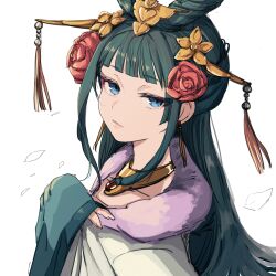 Rule 34 | 1girl, absurdres, blue eyes, blunt bangs, chinese clothes, commentary, crown, eyelashes, flower, fur-trimmed robe, fur trim, green hair, green robe, hair flower, hair ornament, hairpin, highres, jewelry, kusuriya no hitorigoto, long hair, looking at viewer, maomao (kusuriya no hitorigoto), necklace, ogura tubuan, robe, rose, simple background, solo, upper body, white background