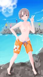 Rule 34 | 1girl, absurdres, artist request, beach, blush, breasts, character request, feet, food print, highres, looking at viewer, male swimwear, male swimwear challenge, multiple boys, nipples, open mouth, orange male swimwear, orange swim trunks, print male swimwear, print swim trunks, print swimsuit, reverse trap, short hair, small breasts, standing, strawberry print, swim trunks, swimsuit, topless, v, water