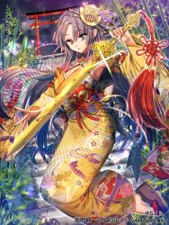 Rule 34 | 1girl, bamboo, brown eyes, brown hair, company name, copyright name, floral print, glint, hair ornament, holding, holding sword, holding weapon, japanese clothes, kimono, lantern, long hair, looking at viewer, night, night sky, official art, outdoors, plant, sandals, sila (carpen), sky, stairs, standing, sword, tassel, tenka touitsu chronicle, torii, very long hair, weapon, yellow kimono