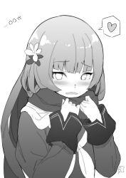 Rule 34 | 1girl, blunt bangs, blush, character name, commentary request, curled fingers, embarrassed, flower, girls&#039; frontline, greyscale, hair flower, hair ornament, hands up, heart, highres, long hair, long sleeves, looking at viewer, monochrome, neckerchief, parted lips, scarf, school uniform, serafuku, sleeve cuffs, solo, speech bubble, spoken heart, translated, type 100 (girls&#039; frontline), upper body, very long hair, yamacchi