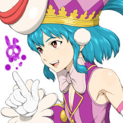 Rule 34 | :d, androgynous, blue hair, bow, bowtie, brown eyes, character request, copyright request, detached sleeves, gender request, gloves, hat, md5 mismatch, open mouth, pom pom (clothes), puffy sleeves, purple hat, purple vest, smile, solo, striped clothes, striped vest, vest, white background, white bow, white bowtie, white gloves, yamamiya hiroshi