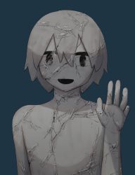 Rule 34 | 1boy, :d, absurdres, avogado6, black eyes, blue background, commentary request, completely nude, cracked skin, hand up, highres, looking at viewer, male focus, nude, open mouth, original, simple background, smile, solo, statue, tape, upper body