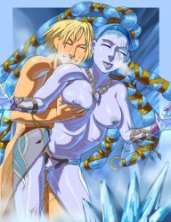 Rule 34 | 00s, 1boy, 1girl, ac120, bent over, blonde hair, blue hair, blue skin, grabbing another&#039;s breast, breasts, breath, colored skin, closed eyes, final fantasy, final fantasy x, grabbing, grin, groping, hetero, ice, jewelry, leaning forward, long hair, monster, monster girl, necklace, nipples, nude, penis, pussy, pussy juice, sex, shiva (final fantasy), smile, standing, tidus, tongue, topless, uncensored, vaginal, very long hair