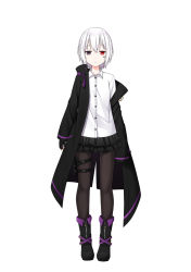 Rule 34 | 1girl, aoi thomas, black footwear, black gloves, black jacket, black skirt, boots, brown pantyhose, closed mouth, collared shirt, commentary request, crescent, dress shirt, facial mark, fingerless gloves, full body, gloves, grey eyes, heterochromia, highres, holster, jacket, layered skirt, long sleeves, looking at viewer, off shoulder, open clothes, open jacket, original, pantyhose, pleated skirt, red eyes, shirt, short hair, simple background, skirt, sleeves past wrists, solo, standing, thigh holster, virtual youtuber, white background, white hair, white shirt