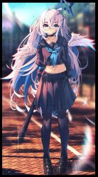 Rule 34 | 1girl, :o, ahoge, angel wings, arms behind back, baseball bat, black socks, blue eyes, blue hair, blurry, blurry background, breasts, curly hair, full body, halo, highres, holding, holding weapon, long hair, looking at viewer, medium breasts, multicolored hair, nail, nail bat, nails, navel, original, school uniform, serious, shoes, skirt, socks, star halo, the0neulost, two-tone hair, weapon, white hair, wings