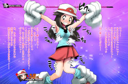 Rule 34 | 1girl, armpits, arms up, bare shoulders, blue shirt, blue socks, blush, breasts, brown eyes, brown hair, character name, clenched teeth, creatures (company), disembodied limb, emphasis lines, english text, female focus, game freak, gameplay mechanics, gloves, green (pokemon), hat, health bar, highres, japanese text, kneehighs, knees together feet apart, kusugurijin, laughing, long hair, looking down, master hand, medium breasts, miniskirt, motion lines, multiple hands, nintendo, nose blush, outstretched arms, pleated skirt, pokemon, pokemon frlg, purple background, red footwear, red skirt, restrained, shirt, shoes, skirt, sleeveless, sleeveless shirt, smile, socks, solo focus, super smash bros., sweat, talking, tears, teeth, text focus, tickling, translation request, trembling, wavy mouth, white gloves, white headwear
