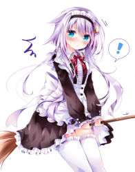 Rule 34 | !, 10s, 1girl, ^^^, alternate costume, apron, blush, broom, broom riding, crescent, crescent hair ornament, dress, enmaided, frilled apron, frilled dress, frilled sleeves, frills, hair ornament, kantai collection, long sleeves, looking at viewer, maid, maid apron, maid headdress, nogi takayoshi, purple eyes, purple hair, ribbon, short hair, short hair with long locks, simple background, solo, spoken exclamation mark, thighhighs, white background, yayoi (kancolle)