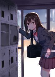 Rule 34 | 1girl, 3:, 3:&lt;, bag, blazer, blush, bow, bowtie, breasts, brown eyes, brown hair, cloud, cloudy sky, collared shirt, commentary, dress shirt, getabako, hair between eyes, hair ornament, hairclip, highres, indoors, jacket, kooan, leaning forward, letter, locker, locker room, long hair, love letter, matching hair/eyes, md5 mismatch, medium breasts, nervous, original, pleated skirt, red bow, red bowtie, red skirt, school, school bag, school uniform, shirt, shoulder bag, skirt, sky, solo, striped bow, striped bowtie, striped clothes, striped neckwear, sweatdrop, v-shaped eyebrows, white shirt
