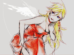 Rule 34 | 10s, 1girl, angel wings, blonde hair, blue eyes, breasts, dress, earrings, female focus, jewelry, outlawlaw, panty &amp; stocking with garterbelt, panty (psg), red dress, simple background, smile, solo, wings