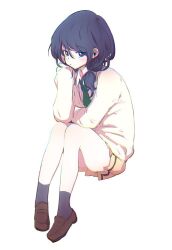 1girl black_hair black_socks cardigan closed_mouth collared_shirt commentary earphones full_body green_necktie hair_between_eyes hand_up invisible_chair light_blush long_hair long_sleeves low_twintails miniskirt necktie omiso_(omisozzz) pleated_skirt purple_eyes school_uniform shirt simple_background sitting skirt socks solo tamura_yuri twintails watashi_ga_motenai_no_wa_dou_kangaetemo_omaera_ga_warui! white_background white_cardigan white_shirt yellow_skirt