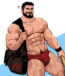 Rule 34 | 1boy, abs, bag, bara, bare pectorals, beard, black hair, bulge, dopey (dopq), facial hair, feet out of frame, highres, large pectorals, looking at viewer, male focus, male swimwear, mature male, muscular, muscular male, navel, navel hair, nipples, one eye closed, original, pectorals, pubic hair, pubic hair peek, red male swimwear, short hair, solo, stomach, swim briefs, thick thighs, thighs