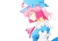Rule 34 | 1girl, breasts, closed eyes, happyswan, hat, light particles, long sleeves, mob cap, pink hair, profile, ribbon, ribbon-trimmed collar, ribbon trim, saigyouji yuyuko, short hair, simple background, smile, solo, touhou, triangular headpiece, upper body, veil, white background, wind