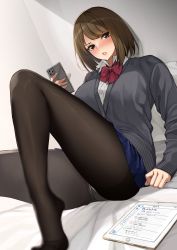 Rule 34 | 1girl, bed, bed sheet, black pantyhose, blue skirt, blush, breasts, brown eyes, brown hair, cardigan, cellphone, commentary, commentary request, feet, grey cardigan, gusset, highres, holding, holding phone, indoors, iphone 11 pro, knee up, long sleeves, looking at viewer, medium breasts, miniskirt, no shoes, on bed, open mouth, original, panties, panties under pantyhose, pantyhose, pantyshot, phone, pillow, pleated skirt, short hair, sitting, skirt, sleeves past wrists, smartphone, solo, swept bangs, tablet pc, takoneru, thighband pantyhose, translated, underwear, upskirt, white panties