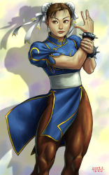 Rule 34 | 1girl, bracelet, breasts, brown eyes, brown hair, bun cover, capcom, china dress, chinese clothes, chun-li, closed mouth, double bun, dress, jewelry, matataku, muscular, muscular female, pantyhose, short hair, solo, spiked bracelet, spikes, street fighter, street fighter ii (series)