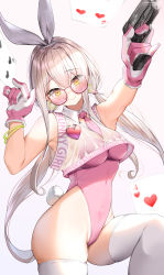 Rule 34 | 1girl, animal ears, bare shoulders, blush, bodysuit, brown background, card, covered navel, crop top, dduck kong, earrings, english text, fake animal ears, glasses, gloves, grey hair, gun, heart, highres, holding, holding gun, holding weapon, jewelry, leotard, long hair, looking at viewer, original, pink bodysuit, pink gloves, playboy bunny, playing card, rabbit ears, rabbit tail, ring, simple background, smile, solo, tagme, tail, thighhighs, very long hair, weapon, yellow eyes