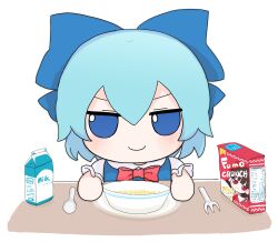 Rule 34 | blue bow, blue dress, blue eyes, blue hair, bow, bowl, chest bow, chibi, cirno, dress, food, fork, frown, fumo (doll), hair bow, highres, light blush, looking at viewer, milk carton, red bow, rei (tonbo0430), smile, spoon, tagme, touhou, white background
