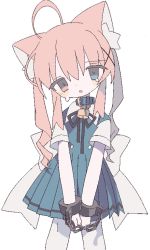 Rule 34 | 1girl, ahoge, animal ear fluff, animal ears, back bow, blue dress, blue eyes, bow, buckle, buttons, cat ears, chain, collar, collared dress, cowboy shot, cuffs, daizu (melon-lemon), dress, head tilt, heterochromia, highres, jaggy lines, lock, long hair, looking at viewer, original, padlock, padlocked collar, pantyhose, parted lips, pink eyes, pink hair, pleated dress, shackles, short dress, short sleeves, simple background, solo, standing, tears, white background, white pantyhose, white sleeves
