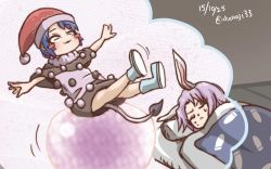 Rule 34 | 2girls, :3, animal ears, blanket, blob, blue hair, blush stickers, boots, bullet, rabbit ears, capelet, chamaji, commentary request, doremy sweet, dreaming, dress, futon, hat, multiple girls, nightcap, one-hour drawing challenge, pillow, pom pom (clothes), purple hair, reisen udongein inaba, sleeping, sweat, tail, tapir tail, touhou