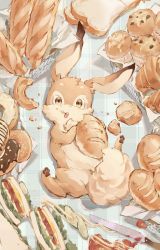 Rule 34 | absurdres, animal, animal focus, baguette, bread, bread slice, brown eyes, chocolate doughnut, cucumber, cucumber slice, doughnut, eating, fluffy, food, food focus, highres, knife, looking at viewer, muffin, no humans, open mouth, original, paru (parucom), rabbit, sandwich