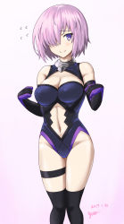 Rule 34 | 1girl, breasts, center opening, cleavage, cleavage cutout, clothing cutout, fate/grand order, fate (series), hair over one eye, mash kyrielight, navel, nishiumi yuuta, purple eyes, purple hair, simple background, solo, thigh strap