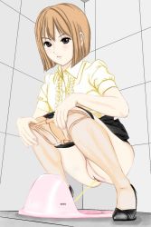 Rule 34 | 1girl, angry, bathroom, black footwear, black panties, black skirt, blush, breasts, brown eyes, brown hair, clothes lift, clothes pull, hands on own knees, highres, looking at viewer, medium breasts, p-bloom, panties, panty pull, pantyhose, pantyhose pull, parted lips, peeing, pussy, shirt, shoes, short hair, short sleeves, skirt, skirt lift, squat toilet, squatting, teeth, toilet, toilet use, uncensored, underwear, yellow shirt