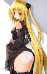 Rule 34 | 1girl, ass, bare shoulders, black dress, blonde hair, blush, breasts, clothes lift, detached sleeves, dress, dress lift, female focus, hair intakes, hair ornament, highres, konjiki no yami, lifting own clothes, long hair, looking at viewer, nakano maru, panties, pink eyes, small breasts, solo, sweatdrop, thighhighs, thighs, to love-ru, turning head, two side up, underwear, very long hair, wedgie, white panties