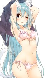 Rule 34 | 1girl, animal ear fluff, animal ears, armpits, arms up, bare shoulders, black shirt, blue eyes, blue hair, blush, bra, breasts, cat ears, cat girl, cat tail, cleavage, commentary, cowboy shot, flower, front-tie bra, groin, hair between eyes, highres, long hair, looking at viewer, medium breasts, navel, one eye closed, open mouth, original, panties, saeki touma, shirt, side-tie panties, simple background, solo, symbol-only commentary, tail, tail raised, underwear, underwear only, undressing, very long hair, white background, white bra, white flower, white panties