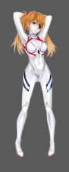 Rule 34 | 1girl, absurdres, alternate hairstyle, arms behind head, arms up, artist request, bodysuit, breasts, brown eyes, cowboy shot, evangelion: 3.0+1.0 thrice upon a time, expressionless, full body, grey background, hair between eyes, highres, interface headset, long hair, looking at viewer, medium breasts, neon genesis evangelion, orange hair, pilot suit, plugsuit, rebuild of evangelion, shiny clothes, skin tight, solo, souryuu asuka langley, standing, twintails, two side up, white bodysuit