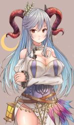 Rule 34 | 1girl, absurdres, alternate costume, arm under breasts, bare shoulders, belt, blue hair, blush, breasts, cleavage, commission, commissioner upload, crescent moon, curled horns, detached collar, detached sleeves, dress, fire emblem, fire emblem heroes, flower, freyja (fire emblem), fuussu (21-kazin), goat horns, hair ornament, halloween, highres, horns, lantern, large breasts, large hat, long dress, long hair, looking at viewer, mature female, moon, multicolored hair, multiple belts, nintendo, non-web source, open mouth, puffy sleeves, red eyes, red horns, side slit, simple background, solo, thighs, white dress, witch