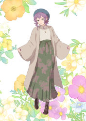 Rule 34 | 1girl, alternate costume, boots, brown coat, brown footwear, casual, closed mouth, coat, cross-laced footwear, floral background, floral print, full body, granblue fantasy, green eyes, green skirt, jewelry, lace-up boots, lennah, looking at viewer, mifuta, necklace, purple hair, shirt tucked in, short hair, sidelocks, skirt, sleeves past wrists, smile, solo, standing