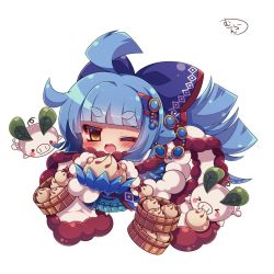 Rule 34 | 1girl, ;d, ahoge, animal, baozi, blue bow, blue cloak, blue dress, blue hair, blunt bangs, blush, bow, brown eyes, chibi, cloak, commentary request, dress, food, fur-trimmed cloak, fur trim, hair bow, hair ornament, holding, holding food, leaf, long hair, looking at viewer, muuran, one eye closed, open mouth, pig, rocca (shironeko project), rope, shironeko project, sidelocks, simple background, smile, solo, thick eyebrows, very long hair, white background