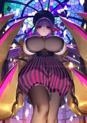 Rule 34 | 10s, 1girl, absurdres, belt collar, bow, breasts, collar, fate/extra, fate/extra ccc, fate/grand order, fate (series), from below, hair ribbon, highres, huge breasts, long hair, looking at viewer, looking down, parted lips, passionlip (fate), purple hair, red eyes, rekaerb maerd, ribbon, sideboob, solo, very long hair