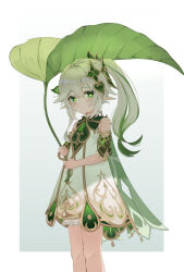Rule 34 | 1girl, absurdres, bare shoulders, blush, border, bracelet, cape, child, closed mouth, cross-shaped pupils, detached sleeves, dress, genshin impact, gold bracelet, gradient background, gradient hair, green background, green cape, green eyes, green hair, grey hair, hair between eyes, hair ornament, hands up, heart, heart hair ornament, highres, holding, jewelry, leaf, leaf hair ornament, long hair, looking at viewer, multicolored hair, nahida (genshin impact), opm7760, outside border, pointy ears, ponytail, short sleeves, side ponytail, sidelocks, simple background, solo, standing, symbol-shaped pupils, white border, white dress