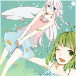 Rule 34 | 2girls, blue eyes, braid, dress, fish, green eyes, green hair, gumi, hiiro, ia (vocaloid), looking at viewer, multiple girls, open mouth, short hair, smile, twin braids, underwater, vocaloid, whale, wink