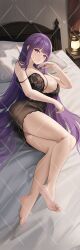 Rule 34 | 1girl, alternate costume, bare legs, barefoot, black nightgown, blunt bangs, breasts, cleavage, dakimakura (medium), feet, fern (sousou no frieren), full body, highres, indoors, jinpaitugounan, large breasts, long hair, looking at viewer, lying, nightgown, on bed, on side, open mouth, purple eyes, purple hair, sidelocks, soles, solo, sousou no frieren, straight hair, strap slip, toes