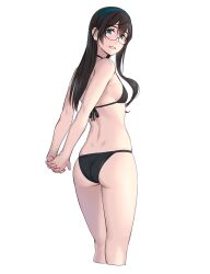 Rule 34 | 1girl, alternate costume, arms behind back, ass, bikini, black bikini, black hair, blue hairband, breasts, commentary request, cowboy shot, grin, hair between eyes, hairband, highres, kantai collection, long hair, looking at viewer, ooyodo (kancolle), semi-rimless eyewear, simple background, small breasts, smile, solo, swimsuit, white background, yuuji (and)