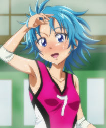 Rule 34 | 10s, 1girl, bare shoulders, blue eyes, blue hair, eyelashes, green background, jersey, matching hair/eyes, nishijima waon, oimanji, open mouth, precure, short hair, solo, suite precure, sweat