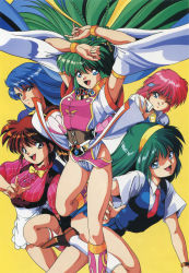 Rule 34 | 1990s (style), 5girls, ;p, absurdres, apron, arms up, blue eyes, blue hair, blue vest, bracelet, braid, brown eyes, brown footwear, brown hair, can can bunny, detached sleeves, etou rina, floating hair, green hair, hairband, headband, high ponytail, highres, himuro miyuki, jewelry, loafers, long hair, medium hair, multiple girls, necktie, official art, ogawa yumi, one eye closed, ootsuki mai, open mouth, pink hair, pink neckwear, retro artstyle, scan, shoes, short sleeves, simple background, smile, swatty (can can bunny), tongue, tongue out, underbust, vest, waist apron, white apron, yanoo masatoshi, yellow background